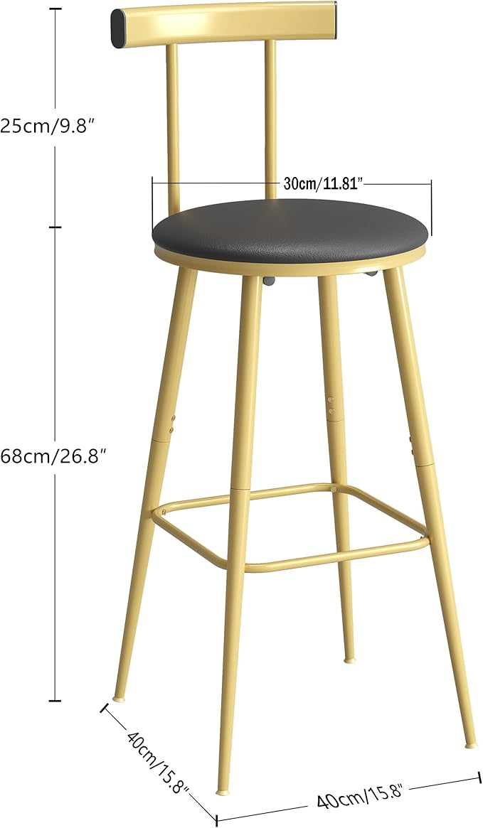Bar Stools, Set of 2 High Kitchen Barstools, Bar Chairs with Backrest and Footrest, Industrial Counter Stools with PU Soft seat, for Kitchen, Living Room, Pub, Gold Color BS-012GC