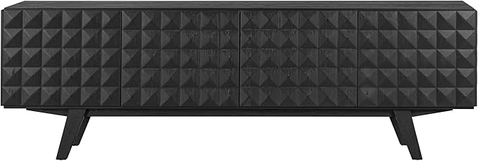 NTC Sapa Mid-Century Modern Solid Wood TV Stand 4-Door Media Console with Carved Geometric Fronts for TVs up to 75", Effortless Assembly, Burnt Black