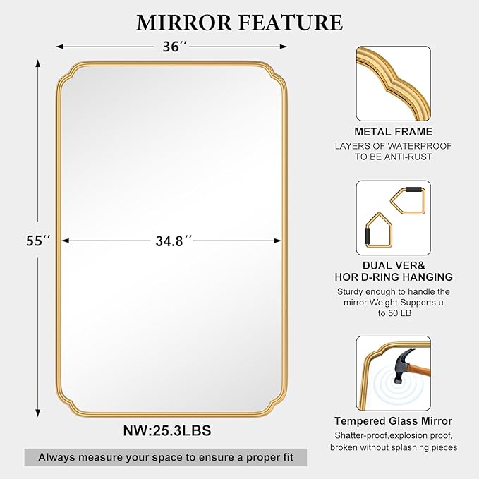 55X36 Inch Gold Metal Framed Bathroom Mirror for Wall, Large Rounded Rectangle Bathroom Vanity Mirror Farmhouse, Anti-Rust, Tempered Glass, Hangs Horizontally or Vertically