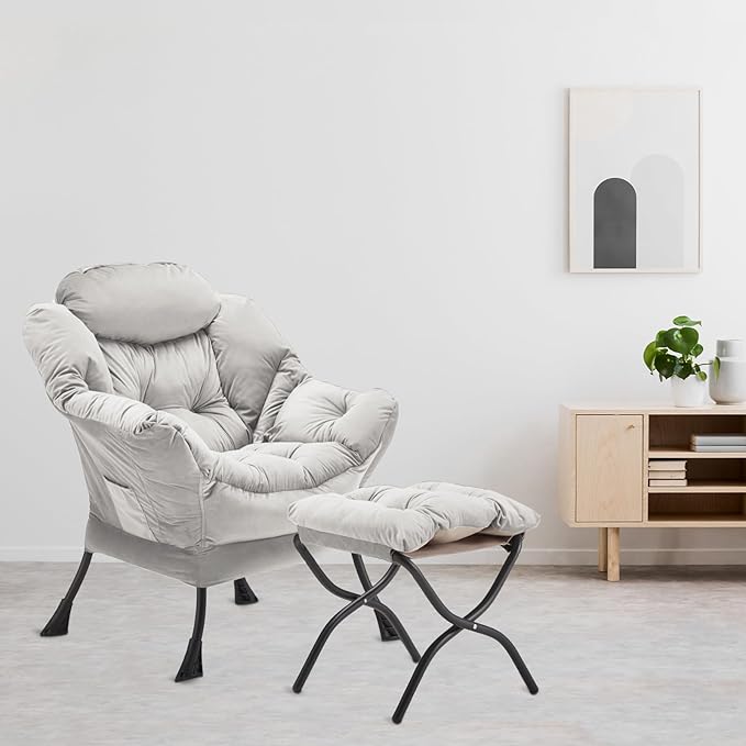 Lazy Chair with Folding Ottoman, Accent Chair Velvet Upholstered with Metal Structure and Non-Slip Pads, Sofa Armchair with Footrest and Side Storage Bag for Dorm, Room, Office, Light Gray