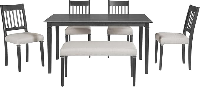 Merax 6-Piece Retro Dining Table Set, 6 Seats Wooden Rectangular Table, with 4 Chairs & 1 Bench for Kitchen Room, Classic Furniture, Dovetall Grey