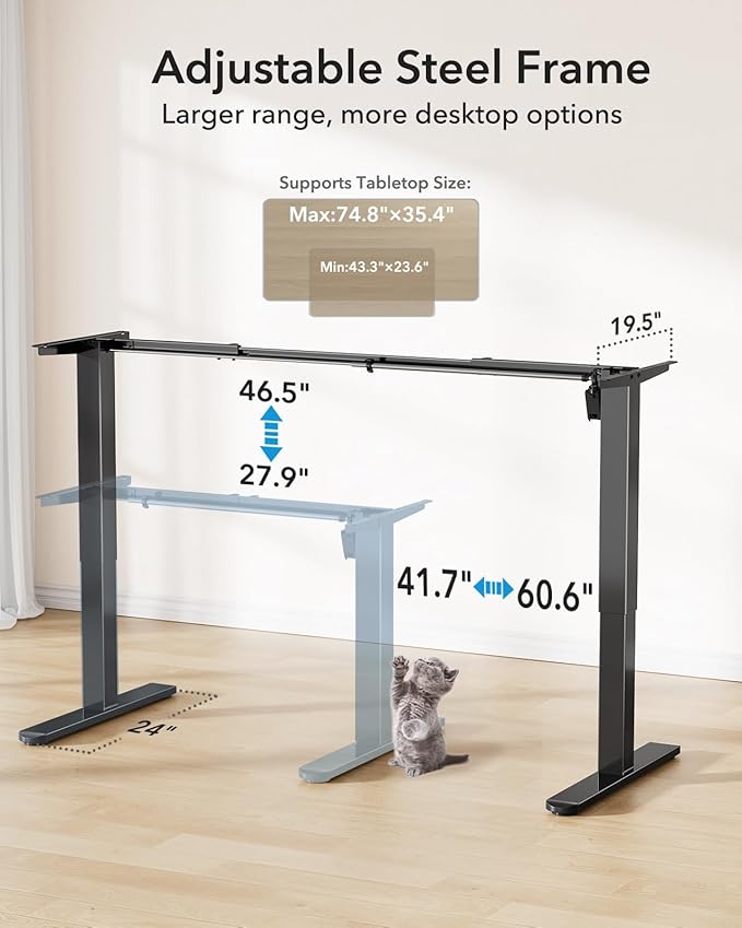 HUANUO Standing Desk Frame with 220lbs Powerful Brushless Motor, Thick T-Shaped Adjustable Desk Legs Made of Automotive-Grade Steel, for Max 75″ x 35″ Desktop, for Home Office, Black Frame Only