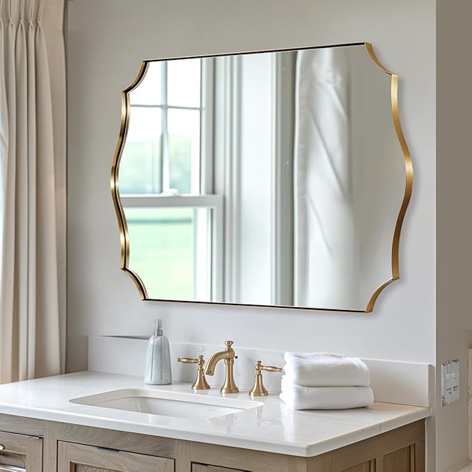 ANDY STAR 30x48 Inch Gold Bathroom Mirror, Large Brushed Gold Rectangle Mirror, Antique Brass Mirror in Rust-Proof Stainless Steel 1" Frame, Unique Wavy Frame Design, Vertically/Horizontally