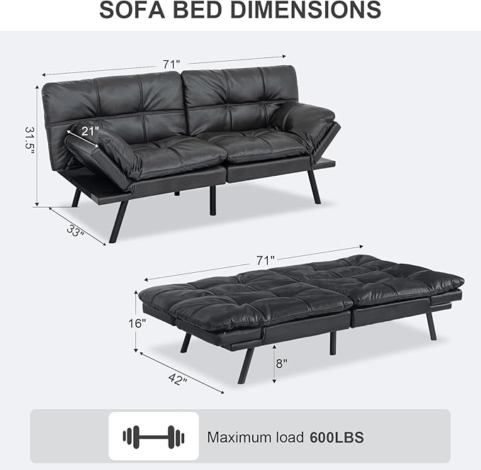 Vipbear Futon Sofa Bed Couch, 71" Convertible Sofa Bed, Space-Saving Loveseat with Adjustable Backrest & Armrest for Living Room,Apartment,Office,Matte Black Sleeper Sofa