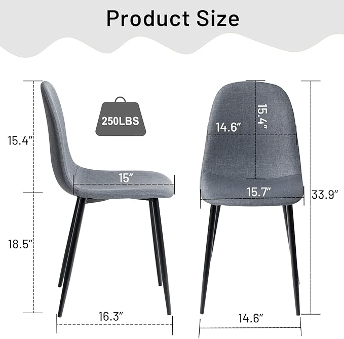 FurnitureR Dining Chairs Set of 4, Fabric Comfy Seat Armless Side Chairs with Metal Legs for Home Kitchen Dining Room Reception Room, Slubbed Grey
