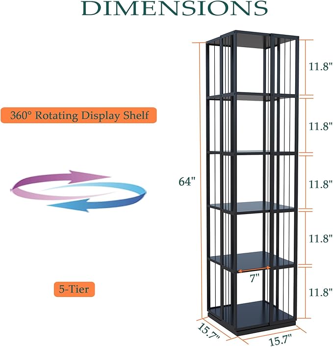 Square Rotating Bookshelf Tower - 360 Spinning Display Corner Bookcase for Narrow Space, Modern 5-Tier Revolving Storage Shelf, Black