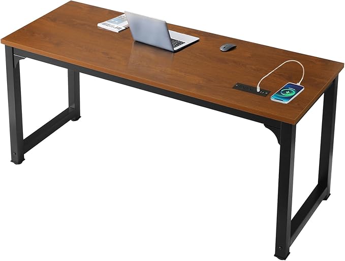 Large Computer Desk - 63 Inch Home Office Desks Study Student Writing Table Gaming Desk Wood Modern Simple Table with USB Ports, L.Brown