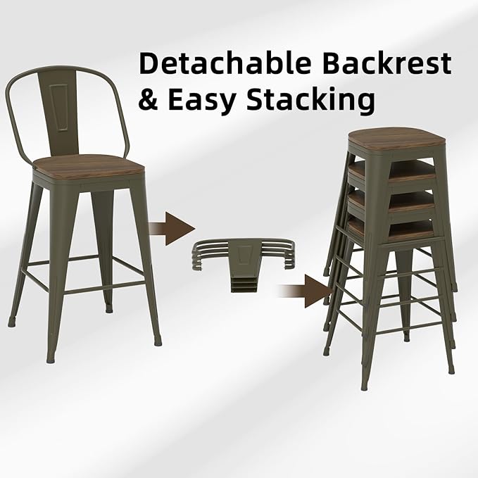 26” Swivel Bar Stools Set of 4, Counter Height Bar Stools Wooden Seat, Metal Industrial Bar Chairs with High Back for Kitchen Island (Rusty)