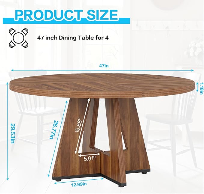 47" Round Dining Table for 4-6, Modern Dinner Table Farmhouse Round Small Kitchen Tables with Wooden Cross Base for Dining Room, Kitchen, Living Room, Vintage Brown