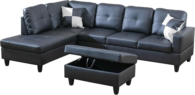 NicBex Sectional Couch 3 Pieces Sofa Set with Right Chaise Faux Leather L Shaped Cloud Couch for Living Room Furniture Sets with Storage Ottoman, Modular Sofa for Living Room & Apartment, Ink Black