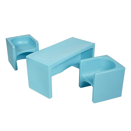 ECR4Kids Tri-Me Table and Cube Chair Set, Multipurpose Furniture, Cyan, 3-Piece
