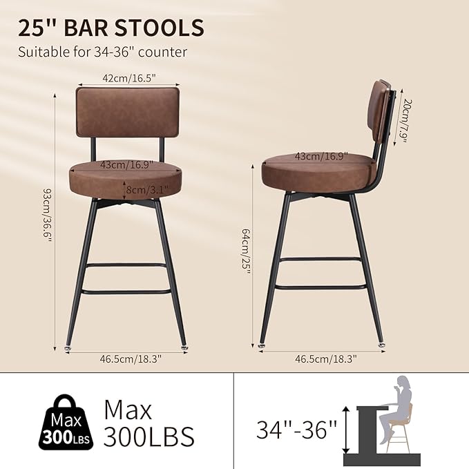 Bar Stools Set of 2, 25 Inch Swivel Bar Stools Bar Chairs, Faux Leather Counter Height Bar Stools with Backrest, Stools for Kitchen Counter Island Rustic Farmhouse, Brown