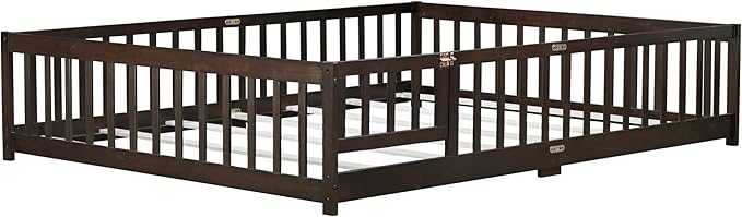 Queen Size Floor Bed Frame with Slats and Safety Guardrail, Wood Queen Size Montessori Floor Bed with Door and Fence, Easy Assemble Montessori Beds for Kids, Girls, Boys, Espresso