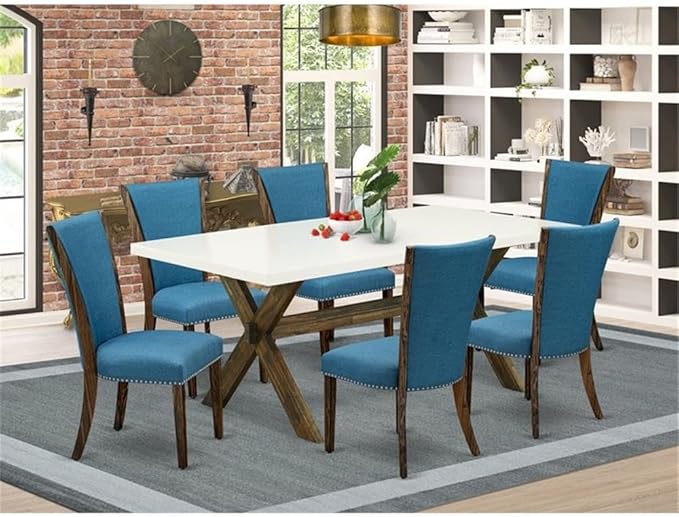 East West Furniture X727VE721-7 7 Piece Dining Room Table Set Consist of a Rectangle Dining Table with X-Legs and 6 Blue Color Linen Fabric Upholstered Chairs, 40x72 Inch, Multi-Color