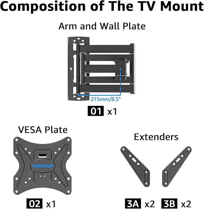 MOUNTUP Long Arm TV Wall Mount for Most 26-65 Inch TVs, Corner TV Mounts with 37.4 Inch Extension Arm, Smooth Swivel Tilt Single Stud Full Motion Bracket Max VESA 400x400mm, Holds to 77 lbs, MU0047