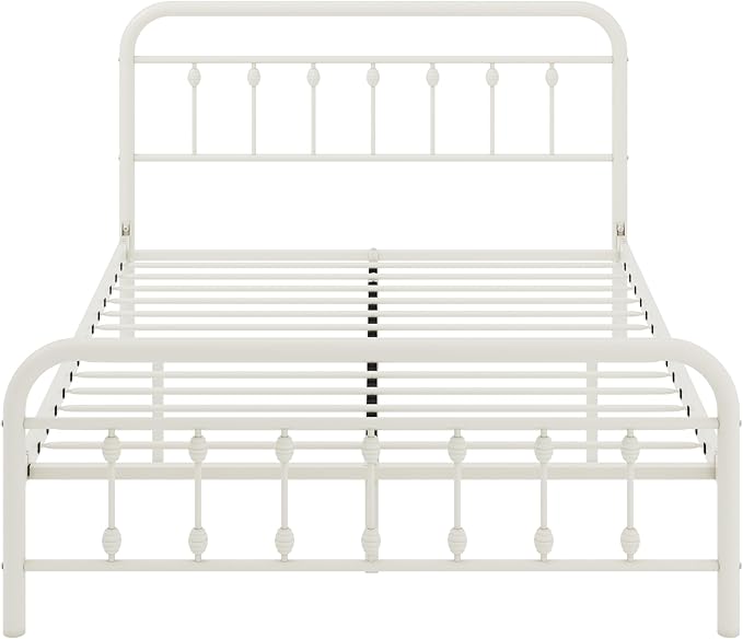 Allewie 14 Inches Queen Size Metal Platform Bed Frame with Victorian Style Iron-Art Headboard/Footboard, Mattress Foundation, Easy Assembly, Under Bed Storage, No Box Spring Required, Off White