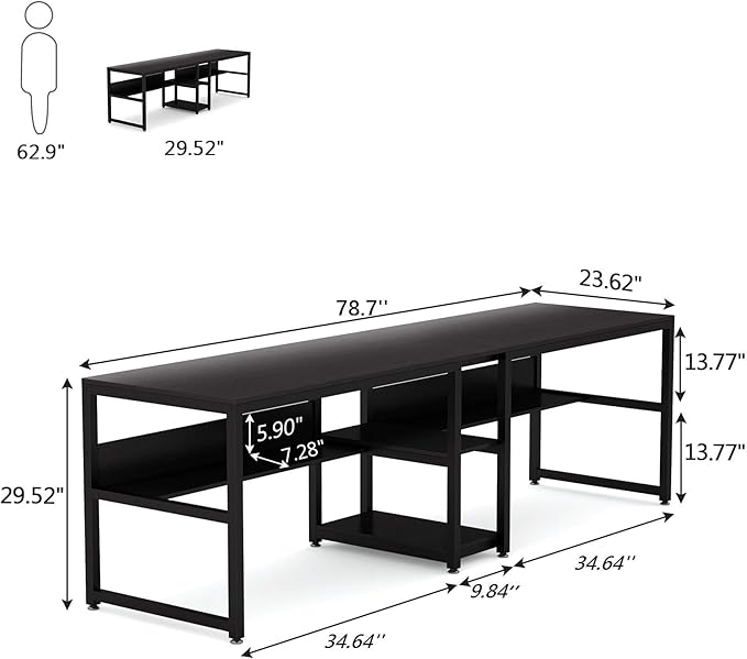 Tribesigns Two Person Desk with Bookshelf, 78.7 Computer Office Double Desk for Two Person, Rustic Writing Desk Workstation with Shelf for Home Office (Black)