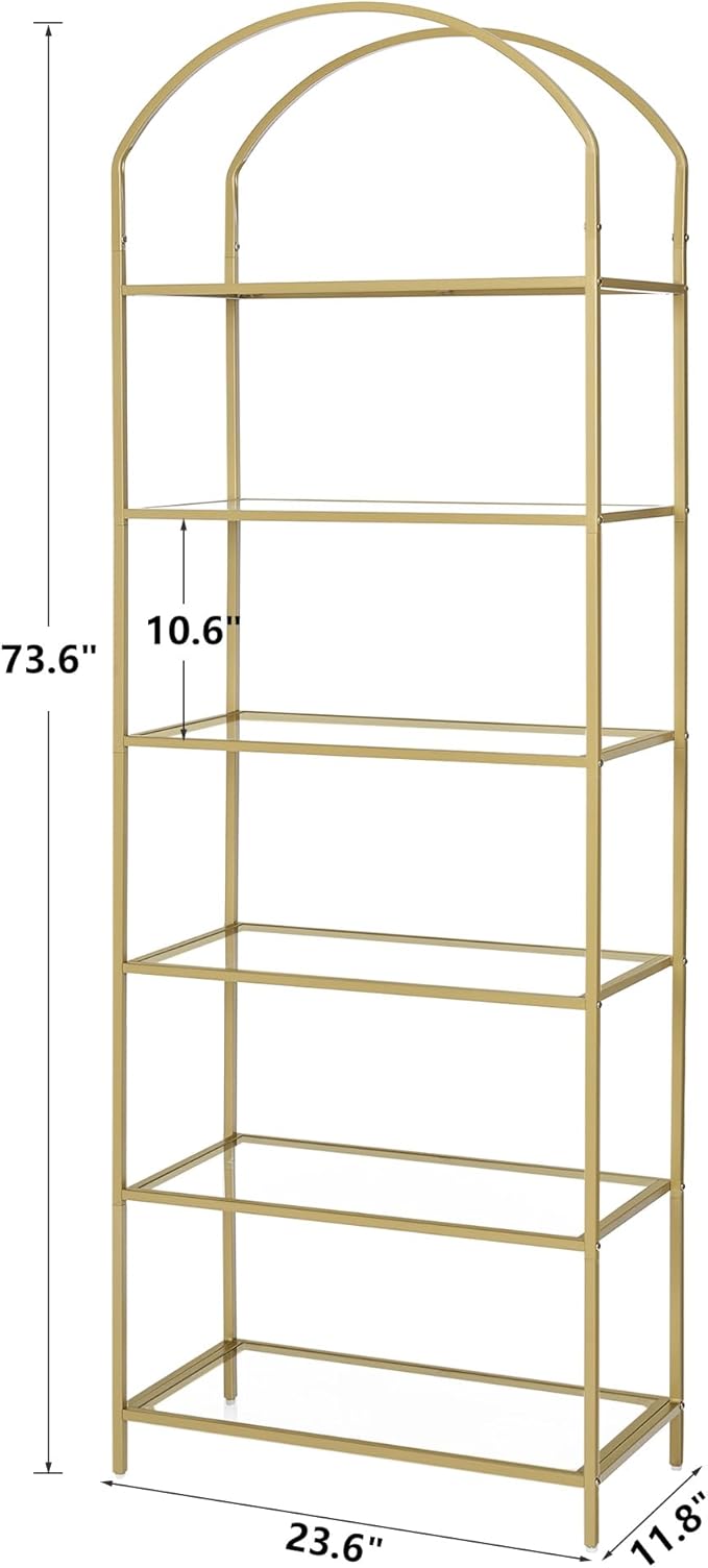 Homhedy Bookshelf Arched Display Racks,Metal Bookcase,Tempered Glass Shelves,Storage Rack Shelf for Home Office,Living Room,Bedroom, Bathroom,Modern Style (Golden, 11.8" D x 23.6" W x 73.6" H)