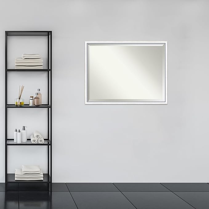 Amanti Art White Bathroom Mirror for Over Sink, 32x42 Morgan White Blue Rectangle Vanity Mirror, X-Large Modern Contemporary Wood Frame, Hangs Horizonally and Vertically, Bathroom Wall Decor, Beveled