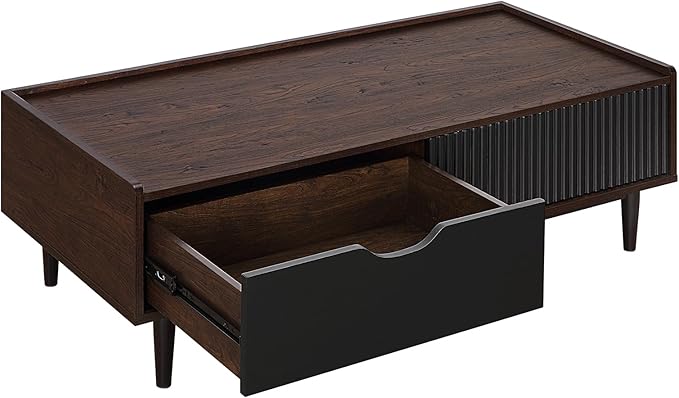 Manhattan Comfort Duane Mid Century Modern Coffee Table with Drawer & Cubby Shelf, Living Room Furniture with Ribbed Flat Design, Wood Grain Laminate Finish & Durable Iron Metal Feet, Black