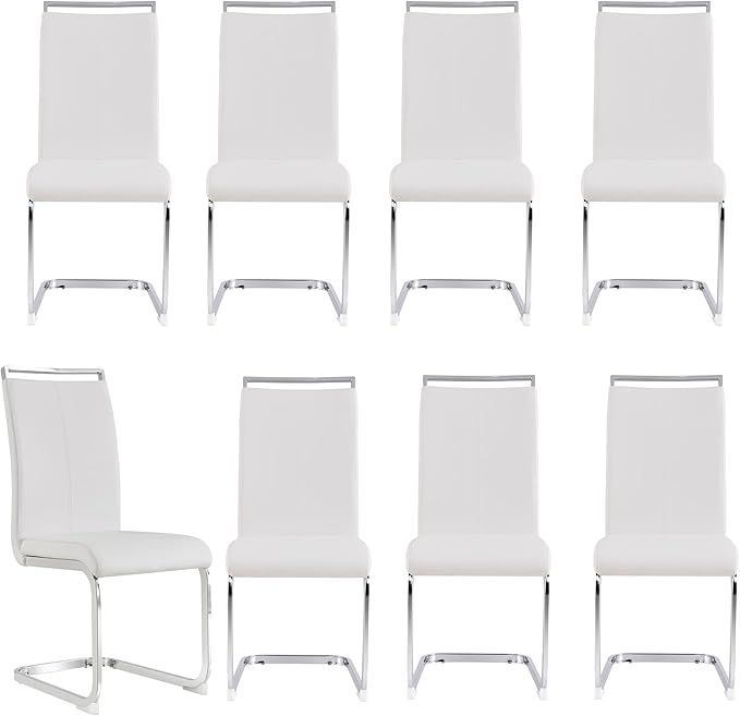 Dining Chairs Set, Kitchen Modern Metal Chairs with Faux Leather Padded Seat High Back and Sturdy Chrome Legs, Chairs for Dining Room (White, Set of 8)