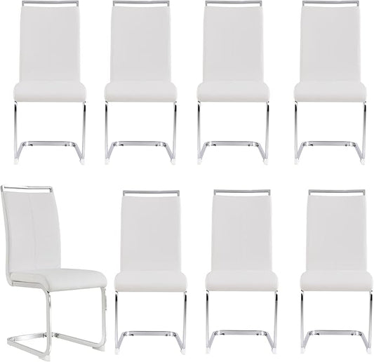 Dining Chairs Set, Kitchen Modern Metal Chairs with Faux Leather Padded Seat High Back and Sturdy Chrome Legs, Chairs for Dining Room (White, Set of 8)