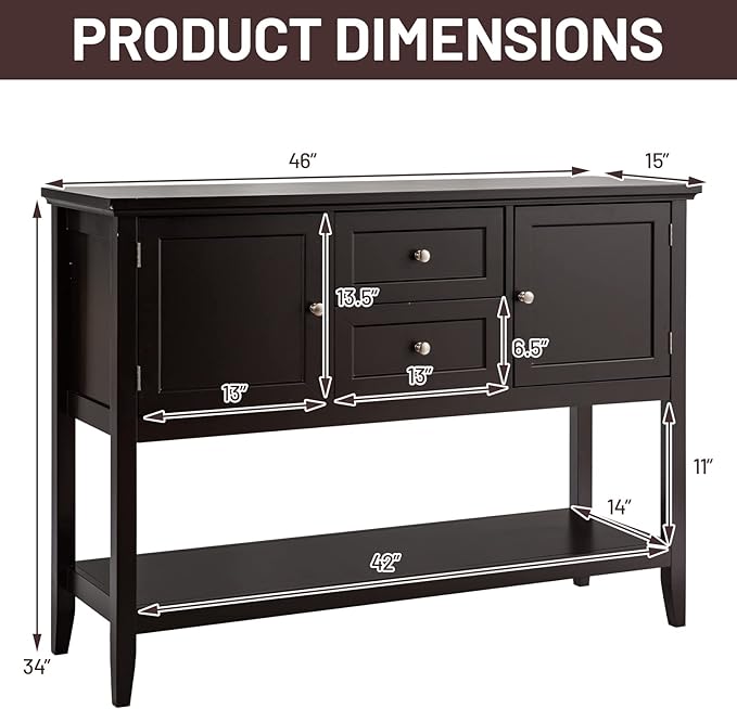 COSTWAY Buffet Sideboard, with 2 Wood Storage Drawers & Open Shelf, Console Table for Living Room Kitchen Dining Room Furniture (Coffee)