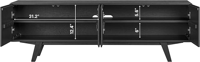 NTC Sapa Mid-Century Modern Solid Wood TV Stand 4-Door Media Console with Carved Geometric Fronts for TVs up to 75", Effortless Assembly, Burnt Black