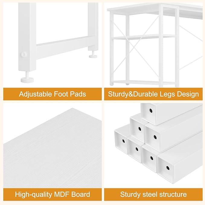 L Shaped Computer Desk with Reversible Shelves, 47 Inch Small Corner Desk with Storage Bag, Gaming Desk Computer Table Study Writing Desk for Home Office Small Space, White