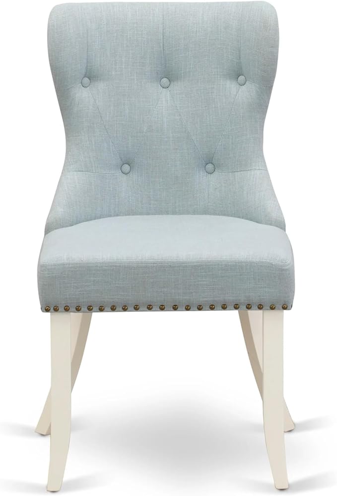 East West Furniture AMSI3-LWH-15 3 Piece Dining Table Set for Small Spaces Contains a Round Kitchen Table with Pedestal and 2 Baby Blue Linen Fabric Parsons Chairs, 36x36 Inch, Linen White
