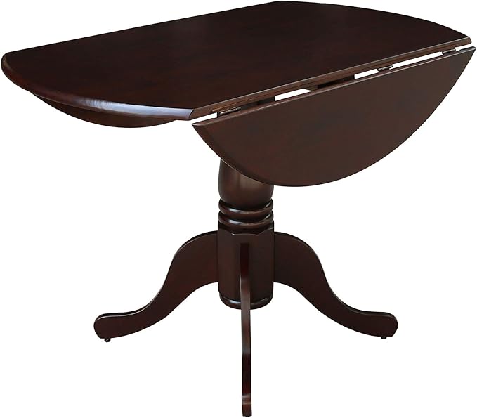 IC International Concepts, 42" Round Dual Drop Leaf Pedestal Dining Table, Solid Real Wood, Sturdy Parawood, Rich Mocha