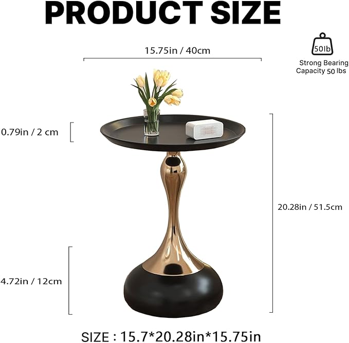 Modern Round Side Table with Gold Pedestal Base, Black Metal Top, Accent End Table for Living Room (Black)