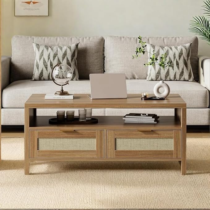2 Tiers Boho Coffee Table with Storage,40” Mid Century Rattan Console Table with Drawers and Open Shelf, Wooden Center Coffee Table for Living Room/Apartment/Farmhouse/Bedroom/Small Place(Oak)