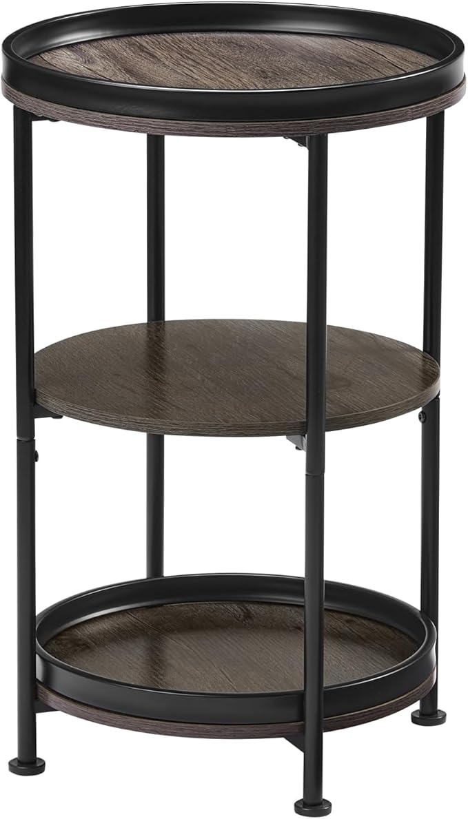 Dulcii Side Table, Round End Table with 3 Shelves for Living Room, Bedroom, Nightstand with Steel Frame for Small Spaces, Industrial Round Sofa Table, Outdoor Accent Coffee Table, Grey
