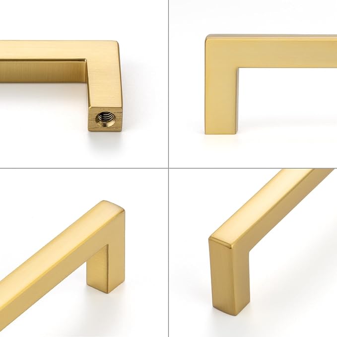 KOOFIZO Solid Square Bar Cabinet Handle - Brushed Gold Furniture Pull, 5 Inch/128mm Screwhole Distance, 10-Pack for Kitchen Cupboard Door, Bedroom Dresser Drawer, Bathroom Wardrobe Hardware
