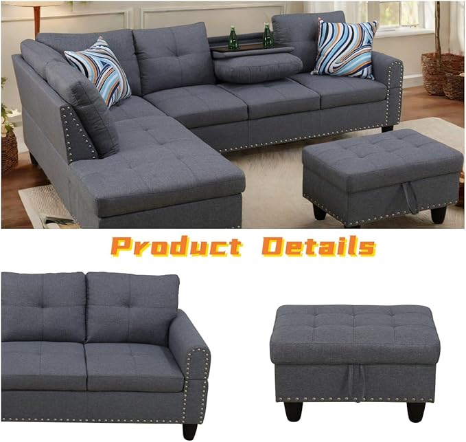 L Shaped Sectional Couch with Otttoman, 97" Leather Sectional Sofa for Living Room Modular Couches with Cup Holders for Bedroom, Apartments, Grey