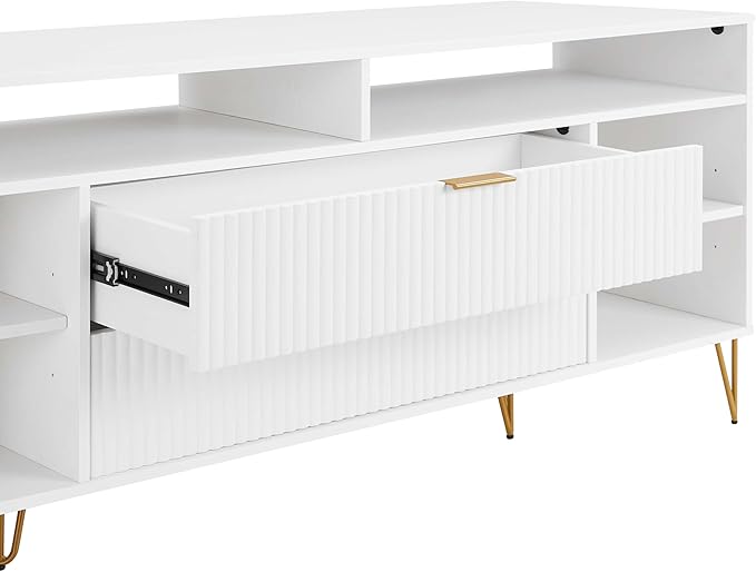 Manhattan Comfort Dumbo Mid Century Modern TV Stand for Televisions up to 60 Inches, Home Entertainment Center with Storage, 6 Shelves, 2 Drawers, No Tool Assembly, 63" Wide, White