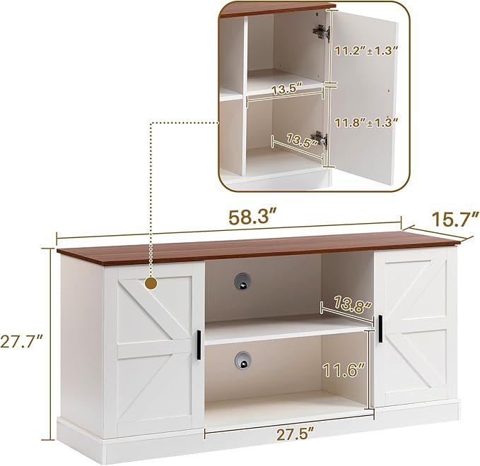 HollyHOME Farmhouse TV Stand for Televisions up to 65”, Wood Entertainment Center with Storage Cabinets and Adjustable Shelves, Media TV Console Table for Living Room and Bedroom, White