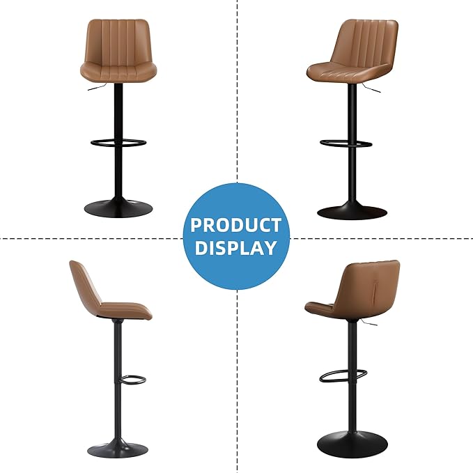 Shintenchi Swivel Bar Stools Set of 4, Adjustable Faux Leather Upholstered Swivel Counter Stools, Armless Bar Height Island Chairs with Back and Footrest, Brown