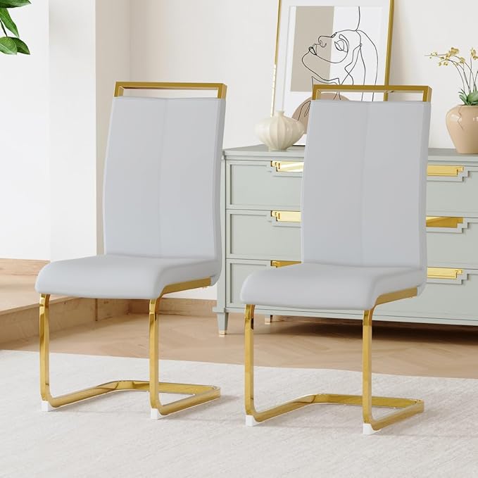 Dining Chairs Set of 2, Faux Leather Dining Chairs with Plated Chrome Metal Frame, Modern Kitchen Chairs Set with Padded Seat High Back for Dining Room, Kitchen Room, Living Room.