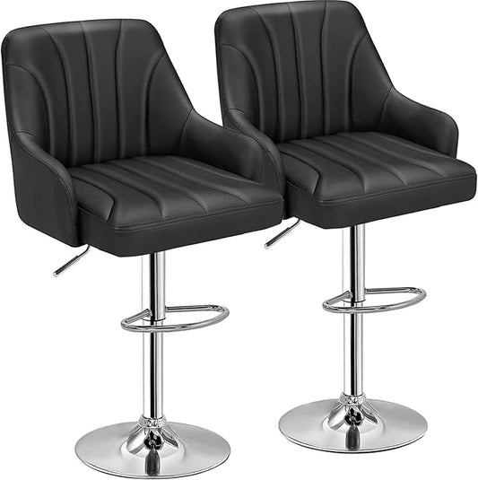VECELO Bar Stools Set of 2, Adjustable Barstools, Counter Height Stools with Back and Arm, Kitchen Island Stools, Swivel PU Leather Stools, Modern Style, PU Black