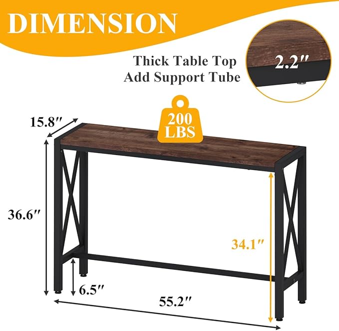 BON AUGURE Bar Table, 55 in Counter Height Pub Tables, Rectangular Tall Behind Couch Sofa Table, High Top Wood Console Tables for Home, Living Room, Kitchen (Rustic Oak, 36.6)
