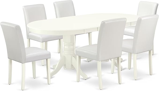 East West Furniture VAAB7-LWH-64 7 Piece Dinette Set Consist of an Oval Dining Room Table with Butterfly Leaf and 6 White Faux Leather Upholstered Chairs, 40x76 Inch, Linen White