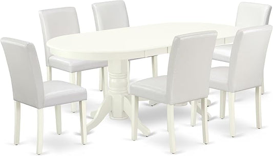 East West Furniture VAAB7-LWH-64 7 Piece Dinette Set Consist of an Oval Dining Room Table with Butterfly Leaf and 6 White Faux Leather Upholstered Chairs, 40x76 Inch, Linen White