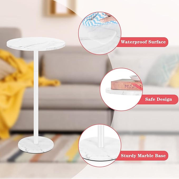 White Round Side Table Small End Table Set of 2 Modern Accent Table Pedestal Drink Table with Marble Base for Small Spaces Living Room Bedroom Outdoor