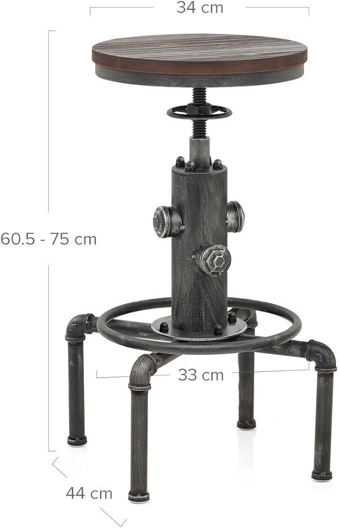 Topower Antique Vintage Industrial Barstool Solid Wood Water Pipe Fire Hydrant Design Cafe Coffee Industrial Bar Stool Set of 2 Silver
