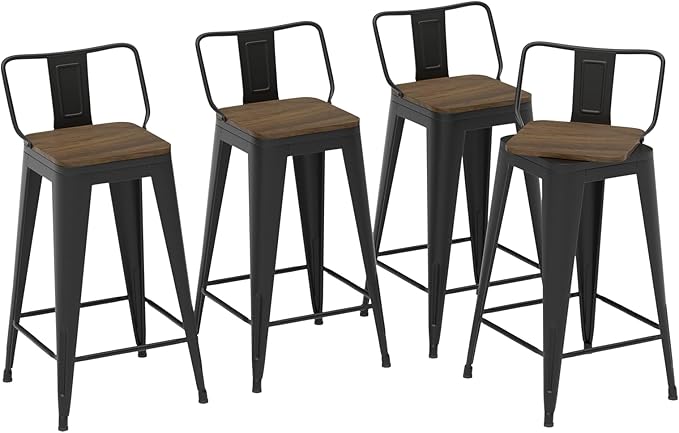 24 Inch Swivel Bar Stools Set of 4, Counter Height Bar Stools with Low Back, Metal Industrial Bar Chairs for Kitchen Island (Matte Black)