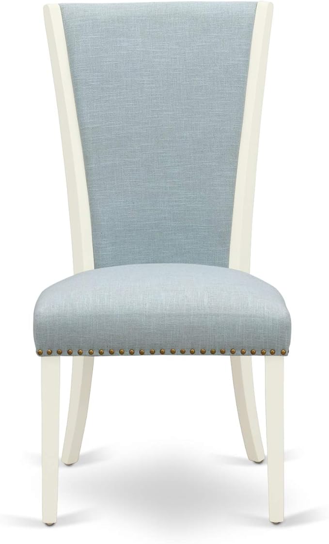 East West Furniture VEP2T15 Verona Parson Dining Chairs - Nailhead Trim Baby Blue Linen Fabric Padded Chairs, Set of 2, Linen White
