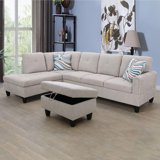 Grey White L-Shaped 3-Piece Flannel Sofa with Storage Ottoman Set, Sectional Couch Sofa Set for Living Room, Office, Small Space