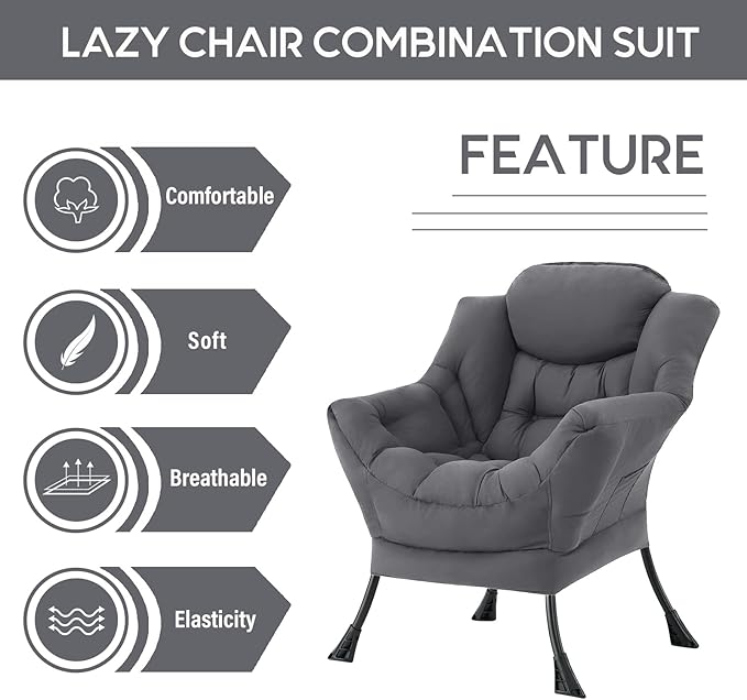 LITA Lazy Chair with Ottoman, Modern Accent Leisure Upholstered Sofa, Contemporary Lounge Reading Chair with Armrests and a Side Pocket for Living Room, Bedroom & Small Space, Single Dark Grey